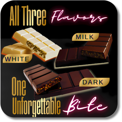 Personalized chocolate bars in white, milk, and dark flavors showcasing their unique textures and designs