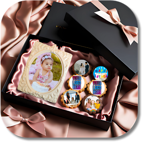 Custom Edible Image Gift Collection Featuring Cookies and Chocolate Bars with 4K Printed Photos
